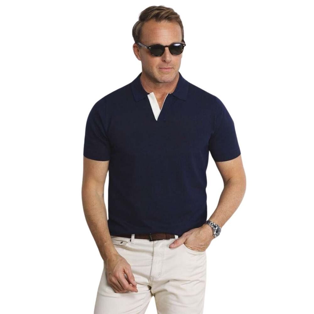 COLLARS & CO Maranello Contrast Split Collar Cotton Polo Navy Blue White NWT 2XL